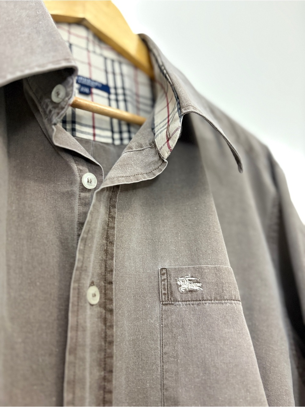 Burberry Men's Casual Button-Down Shirt in Taupe with Plaid Lining